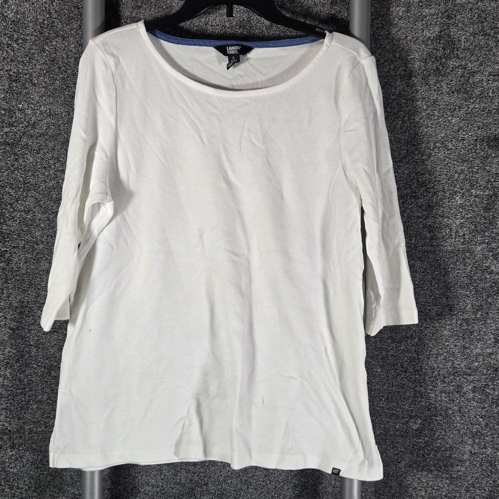 Lands End White 100% Pima Cotton 3/4 Sleeve Scoop Neck Top Large RN 168874